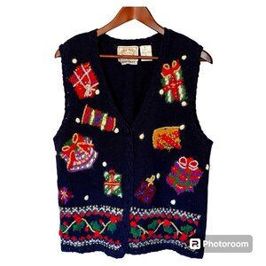 Erika Petites Blue Holiday Christmas Ugly Sweater Vest Women's PL Hand Knit